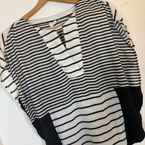 One September Anthropologie M Striped Mixed Media Dolman Sleeve Black‎ White